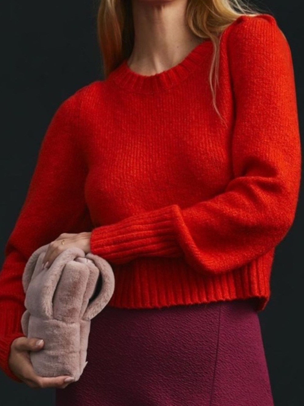 ANTHROPOLOGIE Maeve Crewneck Puff Sleeve Red Sweater Size Medium
